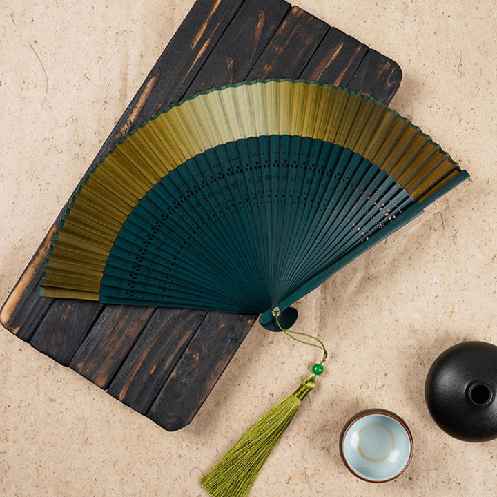 Buddha Stones Solid Color Gradient Hollow Engraved Handheld Bamboo Folding Fan