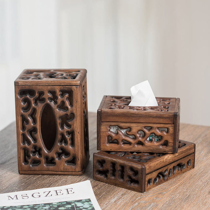 Retro Wooden Tissue Box Engraved Wooden Tissue Holder Wipes Boxes Decoration - image 0