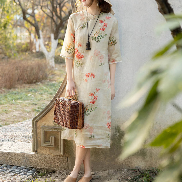 Buddha Stones Red Flower Green Leaves Print Half Sleeve Chinese Cheongsam Midi Dress With Pockets