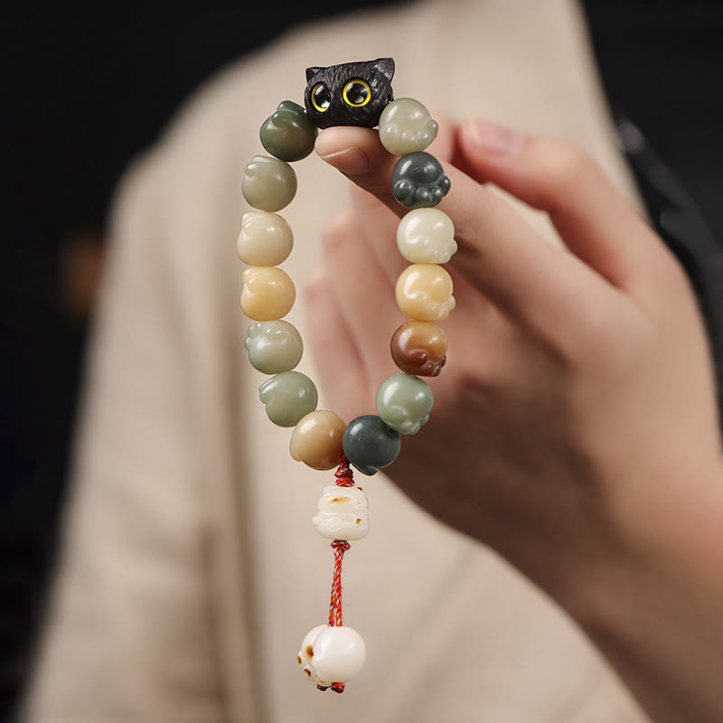 Buddha Stones Natural Bodhi Seed Lovely Paw Ebony Wood Lucky Cat Wisdom Bracelet - image 9