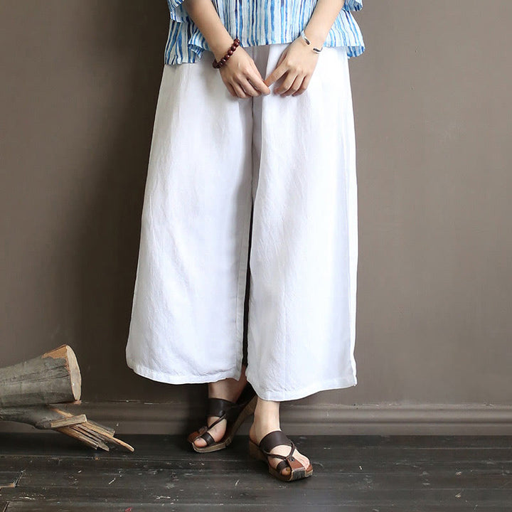 Buddha Stones Red Blue Peony Midi Dress Half Sleeve Cotton Linen Dress Wide Leg Pants With Pockets