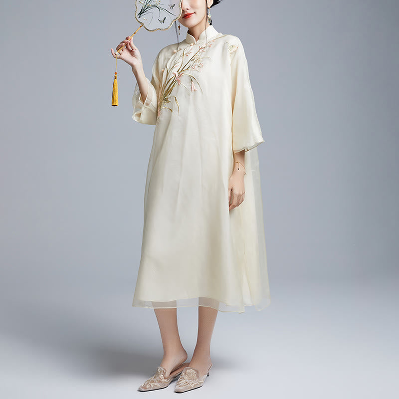 Buddha Stones 100% Mulberry Silk 6 Momme Dress Vintage Flower Butterfly Embroidery Qipao Dress Women's Cheongsam Dress - image 6