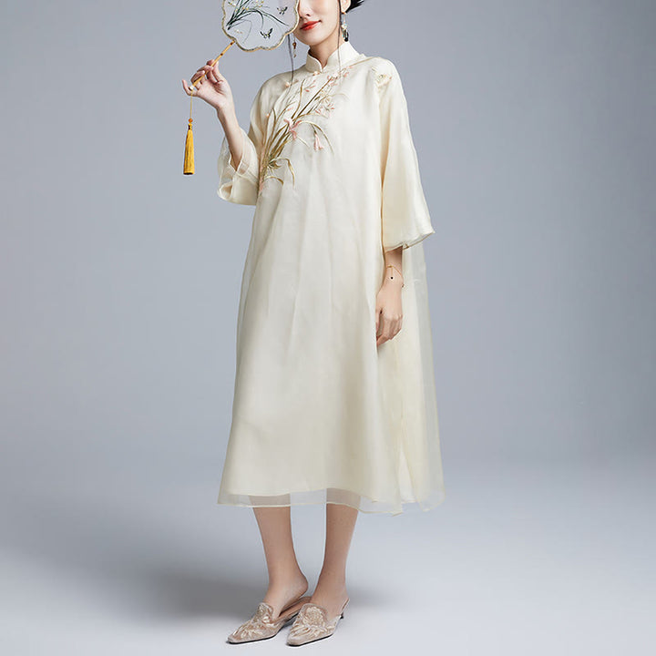 Buddha Stones 100% Mulberry Silk 6 Momme Dress Vintage Flower Butterfly Embroidery Qipao Dress Women's Cheongsam Dress - image 6