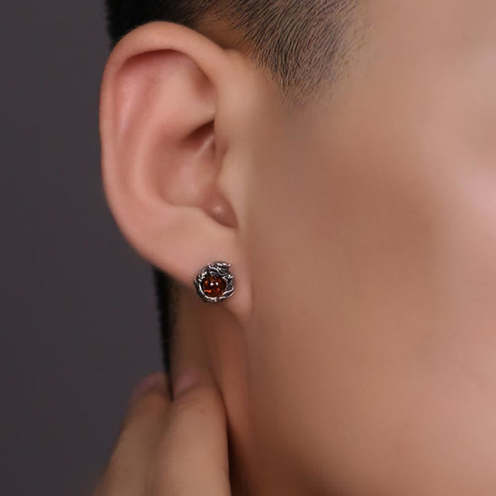 925 Sterling Silver Natural Amber Dragon Success Protection Stud Earring - image 6