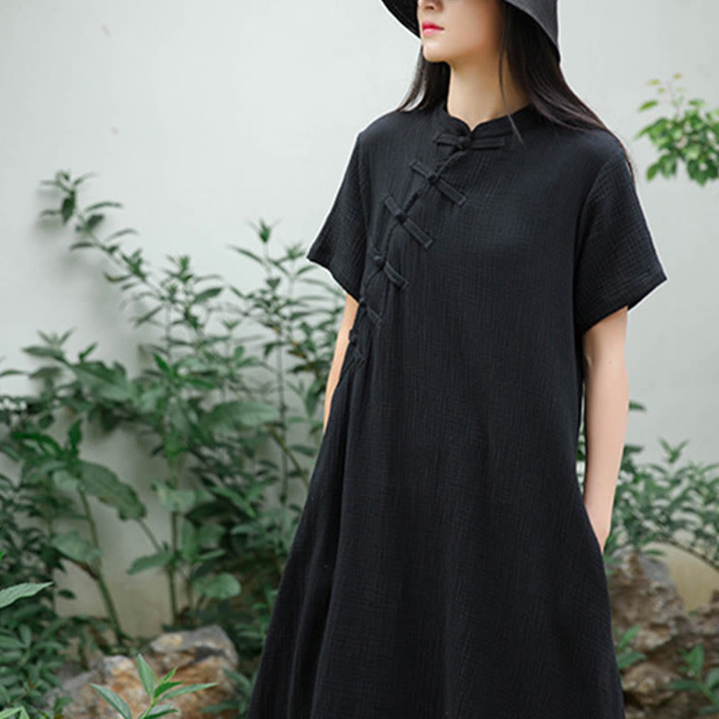 Buddha Stones Frog-Button Midi Dress Cotton Linen Short Sleeve Dress With Pockets