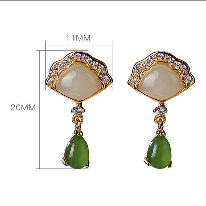 Buddha Stones White Jade Cyan Jade Fan Water Drop Pattern Luck Drop Earrings - image 8