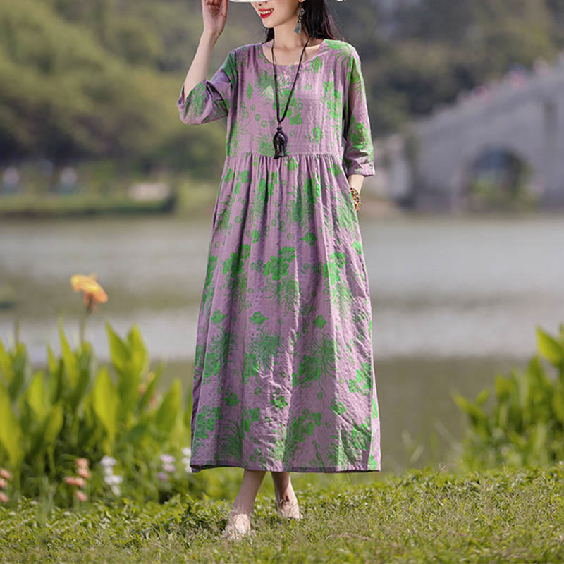 Buddha Stones Flowers Print Midi Dress Cotton Linen Tunic Dress With Pockets