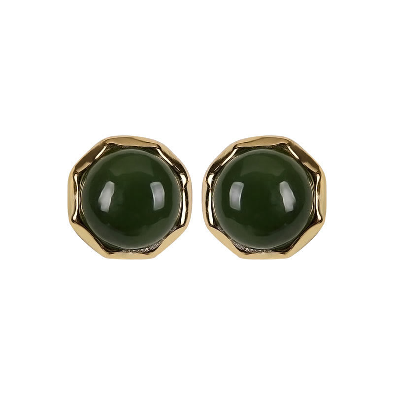 Buddha Stones 925 Sterling Silver Plated Gold Natural Hetian Cyan Jade Bead Luck Stud Earrings - image 8
