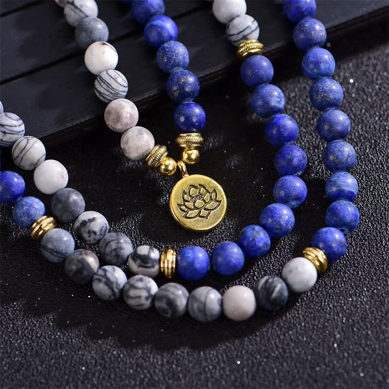 Buddha Stones Lazurite Lapis Lazuli Picasso Jasper Amazonite Rhodonite Apatite Positive Lotus Prayer Bead Bracelet - image 3