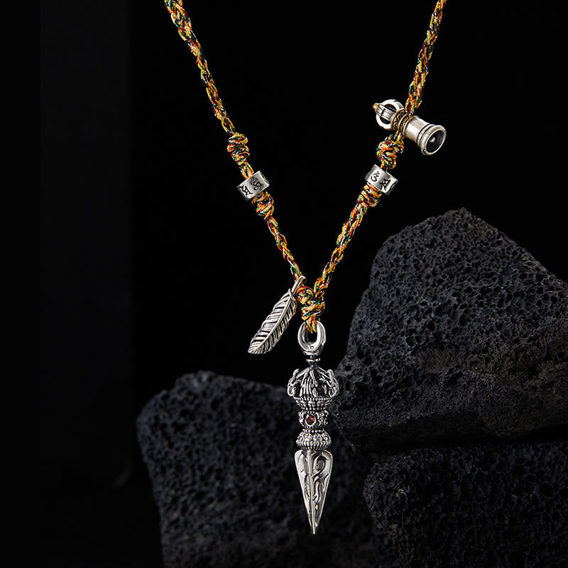 Tibetan Handmade 925 Sterling Silver Dorje Vajra Om Mani Padme Hum Feather Strength Necklace Pendant - image 1