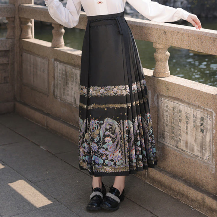 Buddha Stones Chinese Hanfu Phoenix Feathers Printed Horse Face Skirt Mamianqun