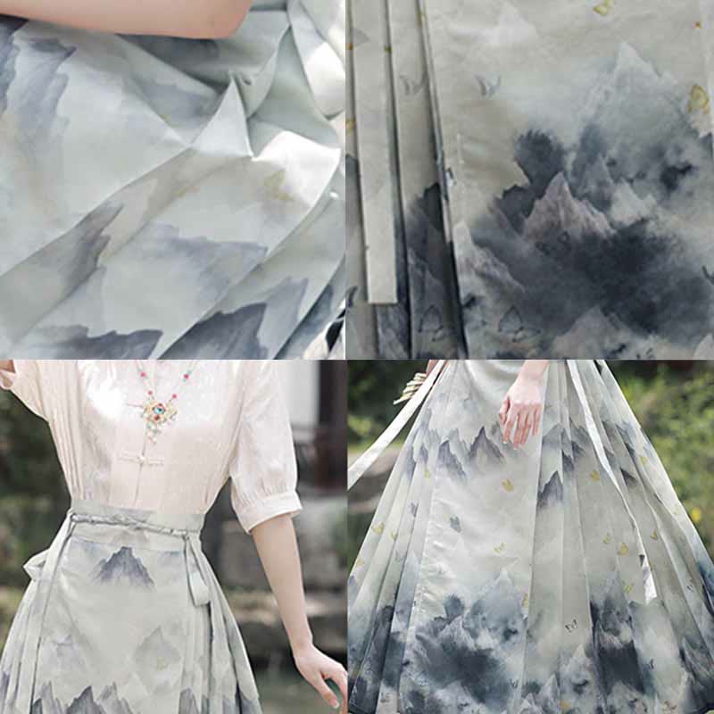 Buddha Stones Ink Mountains Painting Printed Chinese Hanfu Horse Face Skirt Mamianqun