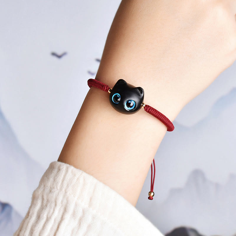 Buddha Stones Ebony Wood Cat Head Pattern Peace King Kong Knot Braided Bracelet - image 6