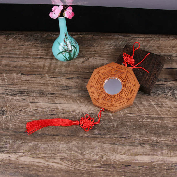 Feng Shui Bagua Map Peach Wood Five-Emperor Coins Chinese Knotting Balance Energy Map Mirror - 20*2cm - Convex Mirror - Bagua Map&Chinese Knotting - image 2