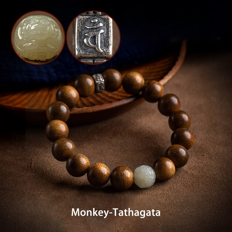 Buddha Stones Chinese Zodiac Natal Buddha Kalimantan Agarwood Jade 925 Sterling Silver Bracelet