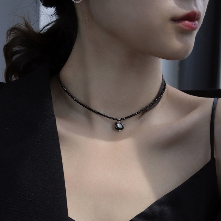 Buddha Stones Black Spinel Cute Cat Motivate Choker Necklace