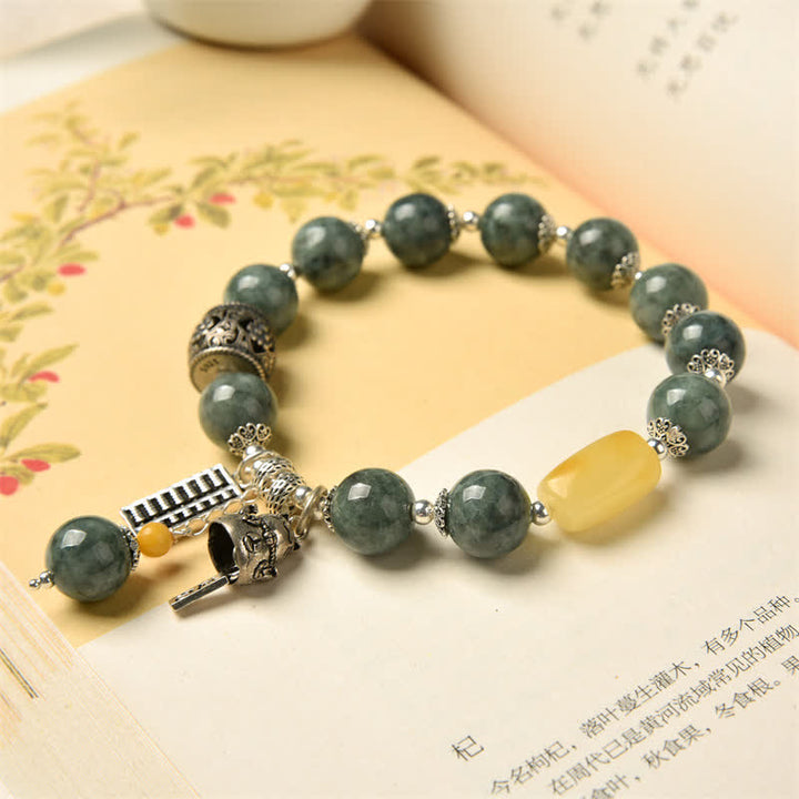 925 Sterling Silver Cyan Jade Amber Abacus Lucky Cat Success Bracelet - image 3