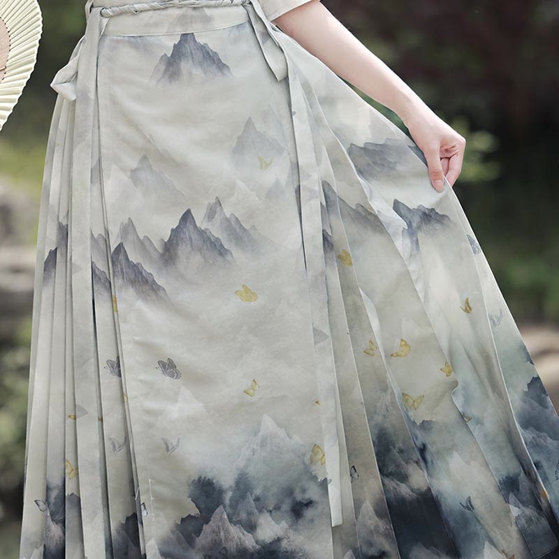 Buddha Stones Ink Mountains Painting Printed Chinese Hanfu Horse Face Skirt Mamianqun