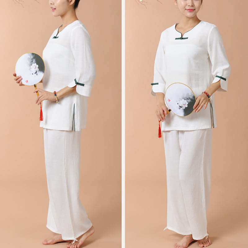 Buddha Stones 2Pcs Frog-Button Three Quarter Sleeve Shirt Top Pants Meditation Zen Tai Chi Linen Clothing Women's Set