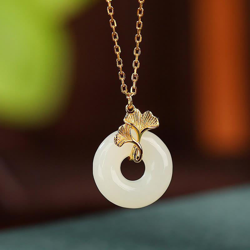 Buddha Stones 925 Sterling Silver Natural Hetian Jade Ginkgo Leaf Peace Buckle Luck Necklace Pendant - image 1