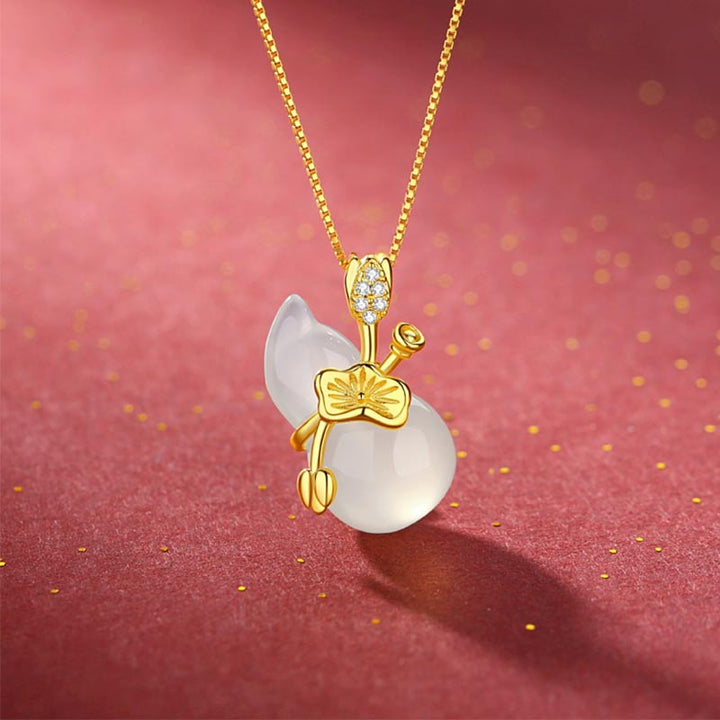 Buddha Stones Cyan Jade Gourd Lotus Leaf Abundance Pendant Necklace - White Jade - image 6
