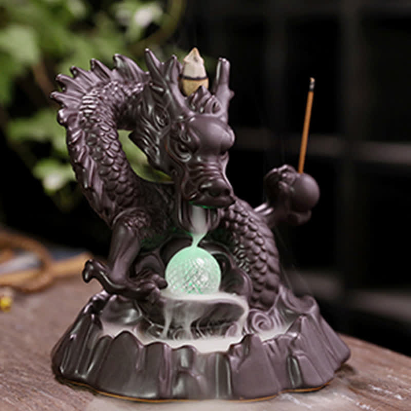 Auspicious Dragon Ceramic Backflow Smoke Fountain Meditation Healing Incense Burner Led Ball Decoration - image 2