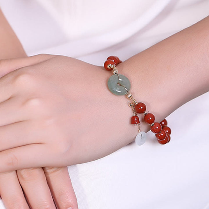 Buddha Stones 14k Gold Filled Jade Red Agate Peace Buckle Copper Coin Gourd Confidence Bracelet