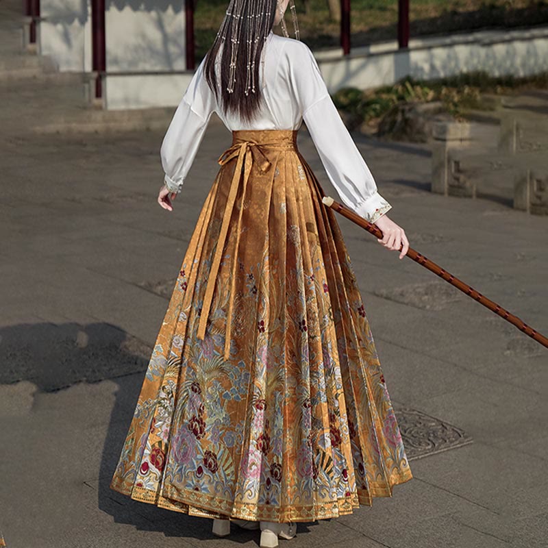 Buddha Stones Golden Flower Phoenix Embroidery Long Sleeve Shirt Top Chinese Hanfu Ming Dynasty Horse Face Skirt Mamianqun Skirt