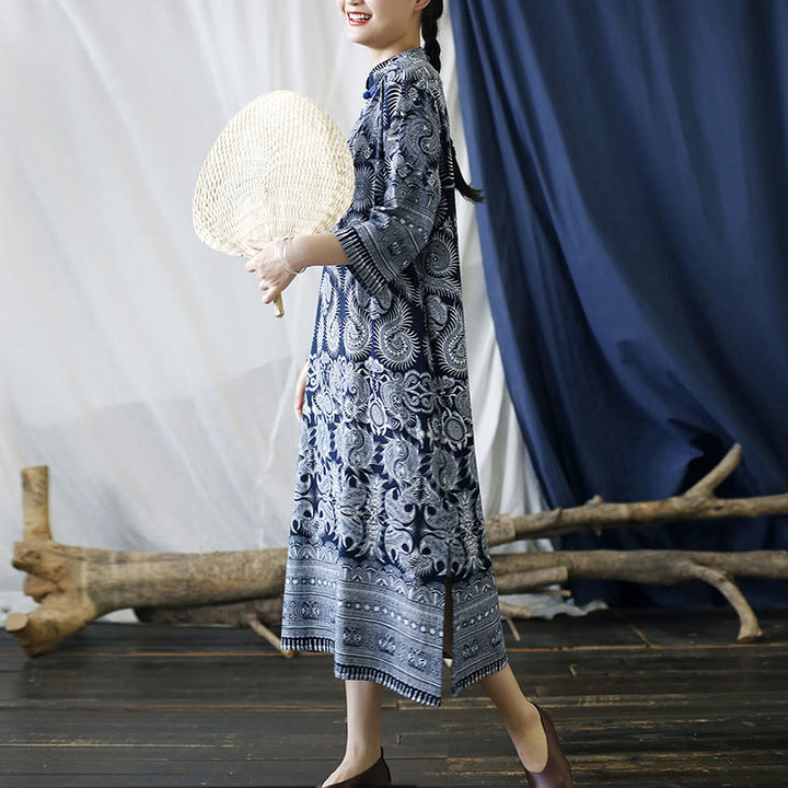 Buddha Stones Blue White Flower Frog-button Midi Dress Three Quarter Sleeve Linen Batik Dress With Pockets