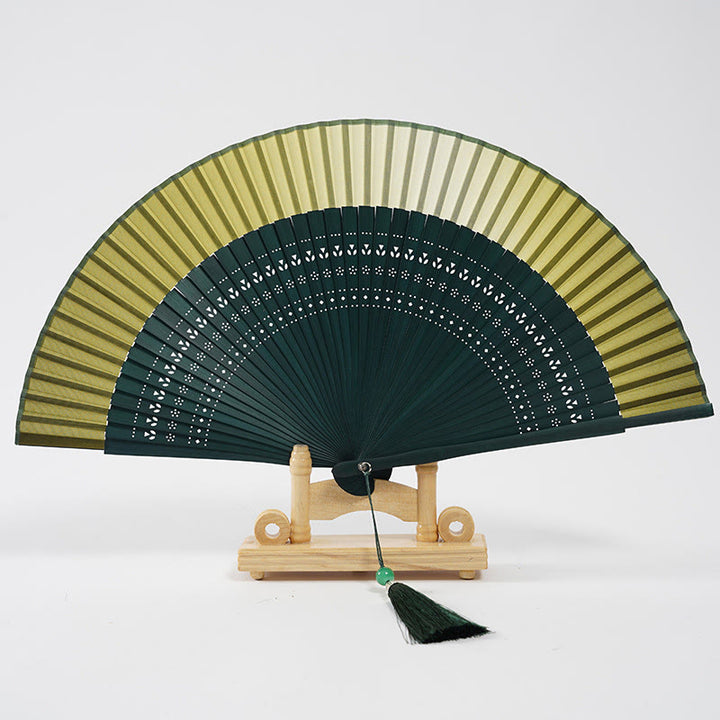 Buddha Stones Gradient Color Hollow Engraved Handheld Bamboo Folding Fan