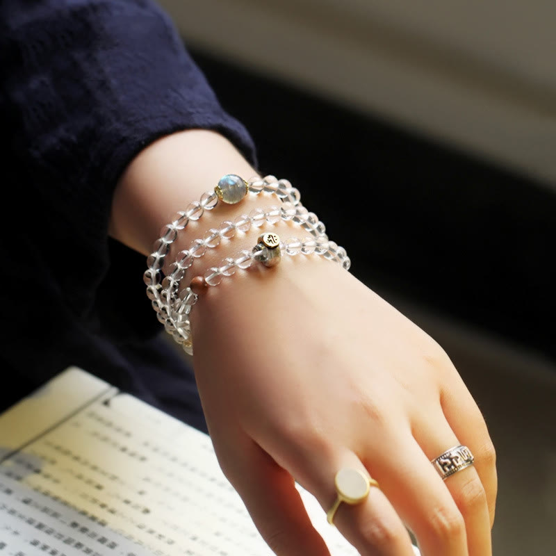 Buddha Stones 925 Sterling Silver Chinese Zodiac Natal Buddha White Crystal Meditation Triple Wrap Bracelet - image 2