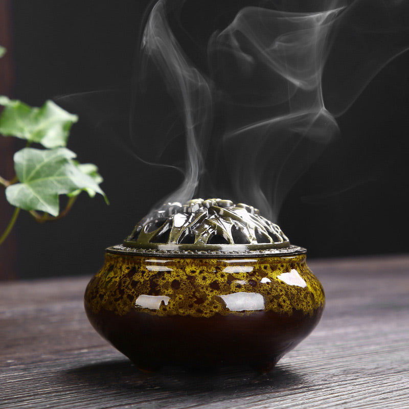 Flower Pattern Ceramic Blessing Meditation Incense Burner Decoration - Yellow - image 6