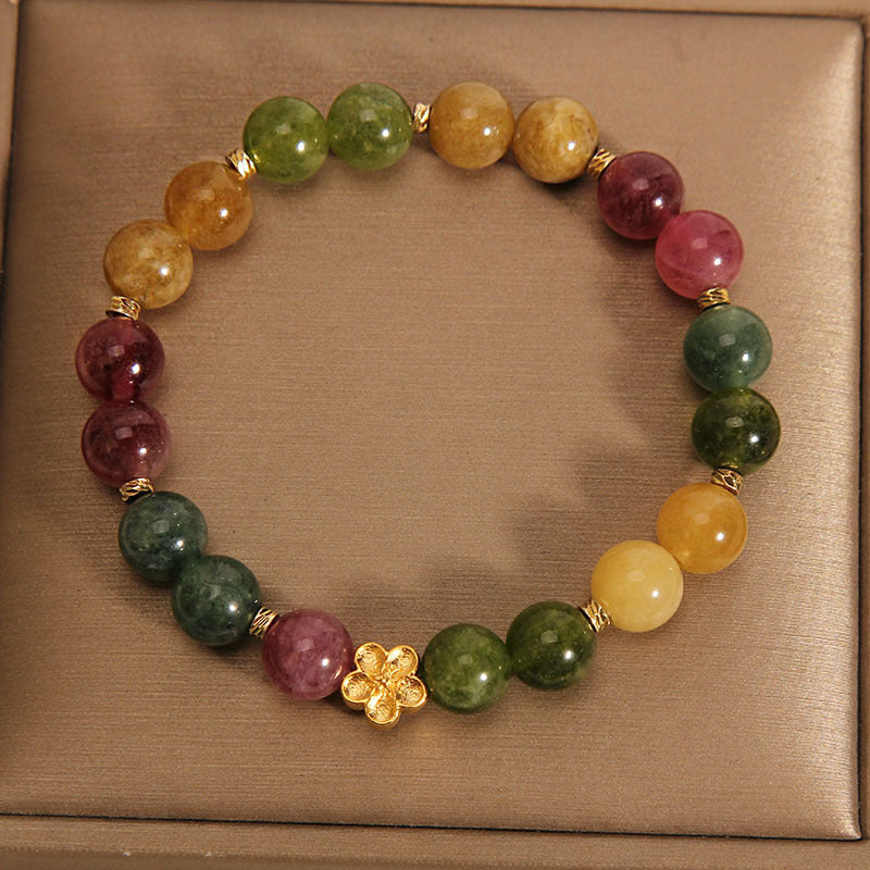 Buddha Stones Natural Colorful Tourmaline Golden Flower Positive Bracelet