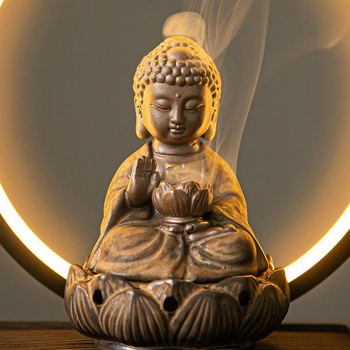 Buddha Stones Buddha Lotus Backflow Smoke Fountain Ceramic Blessing Incense Burner With Light Decoration - image 8