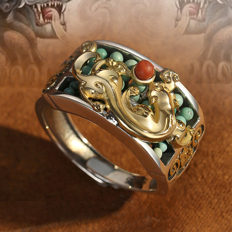 Buddha Stones 925 Sterling Silver Turquoise Red Agate PiXiu Abacus Protection Ring - image 1