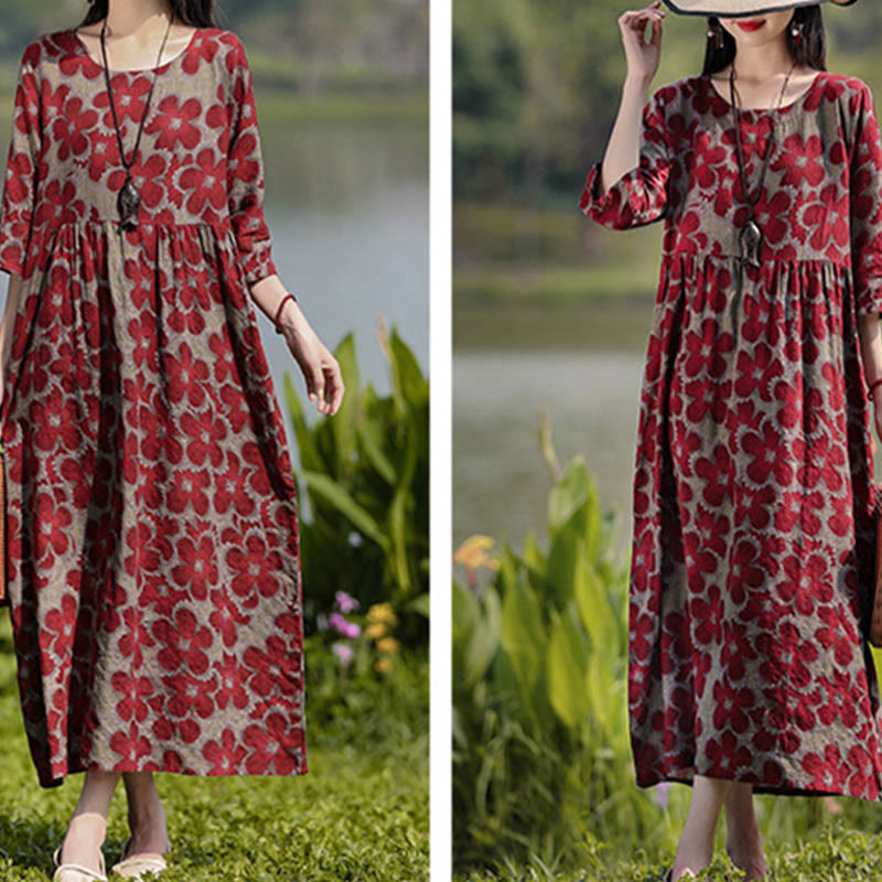 Buddha Stones Flowers Print Midi Dress Cotton Linen Tunic Dress With Pockets