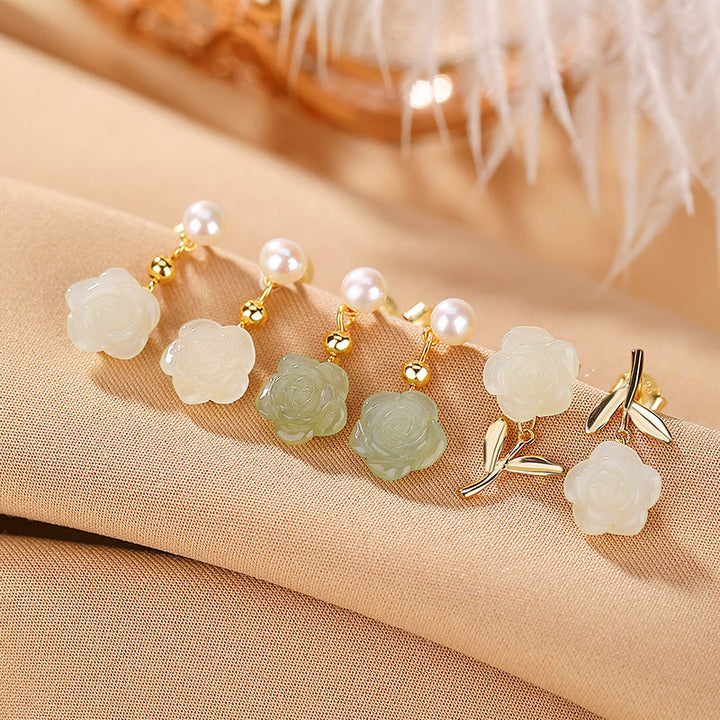 Buddha Stones 925 Sterling Silver Plated Gold Jade Rose Flower Cyan Jade Pearl Luck Earrings - image 0