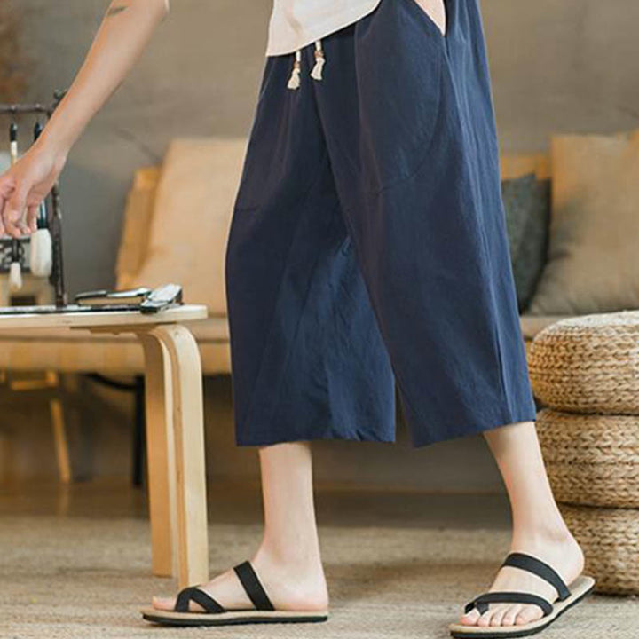 Buddha Stones Solid Color Mid-length Linen Men's Wide Leg Pants With Pockets