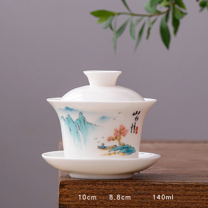 Buddha Stones White Porcelain Mountain Landscape Countryside Ceramic Gaiwan Teacup Kung Fu Tea Cup And Saucer With Lid