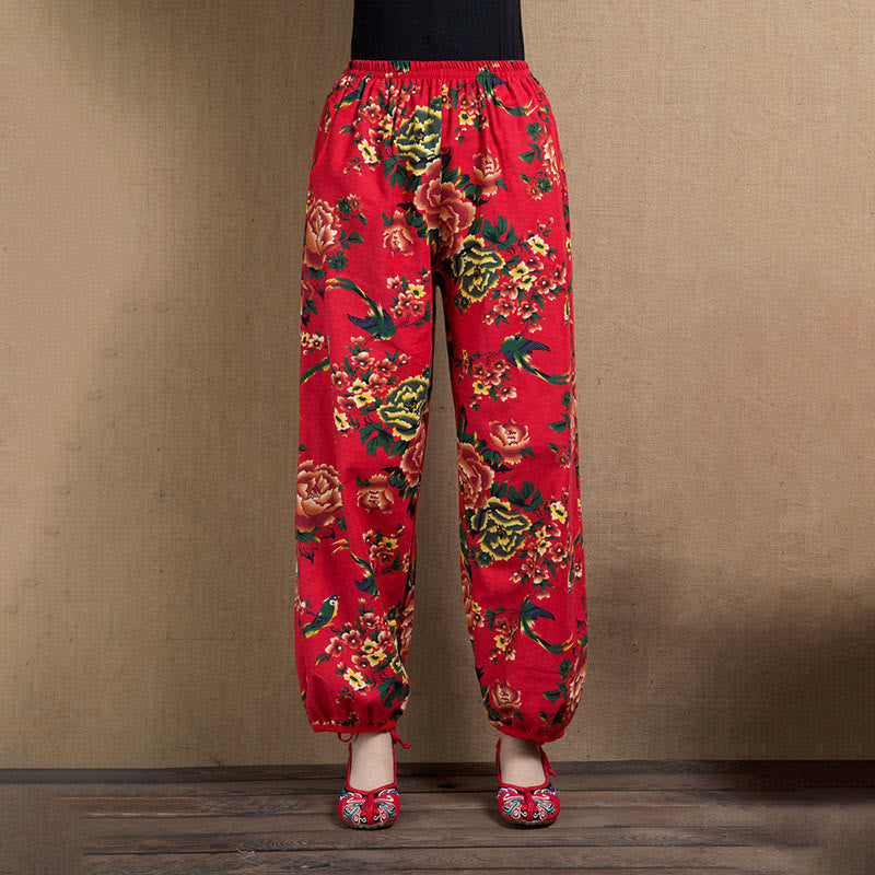 Buddha Stones Ethnic Style Red Green Flowers Print Harem Pants With Pockets