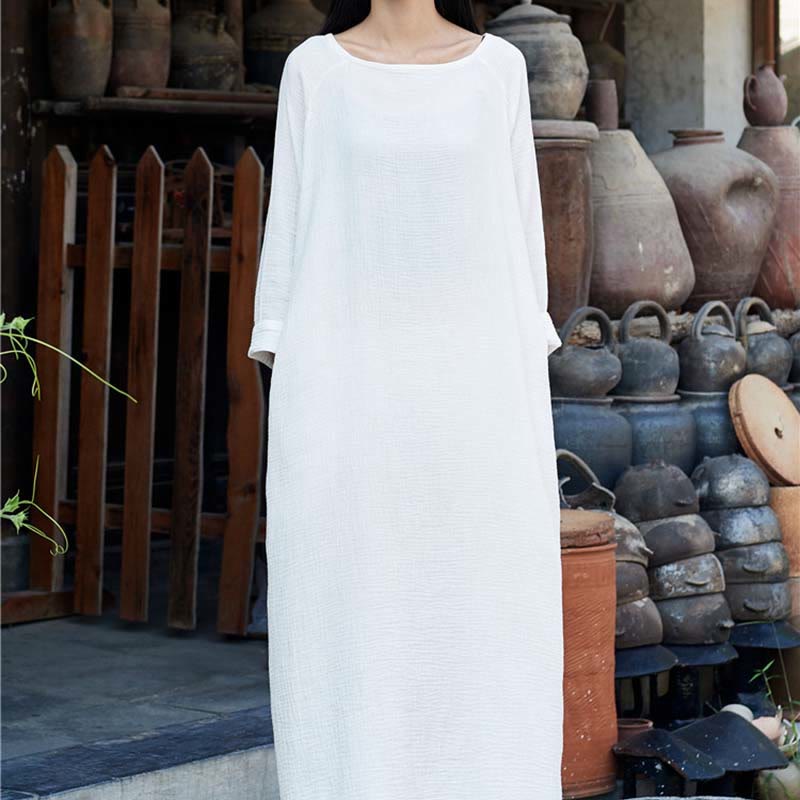 Buddha Stones Simple Midi Dress Cotton Linen Zen Tunic Dress With Pockets