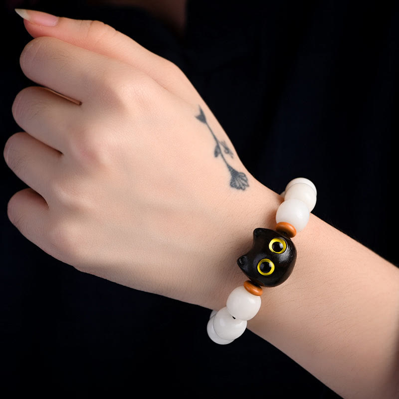 Buddha Stones Natural Bodhi Seed Small Leaf Red Sandalwood Ebony Wood Cute Lucky Cat Wisdom Bracelet - image 12
