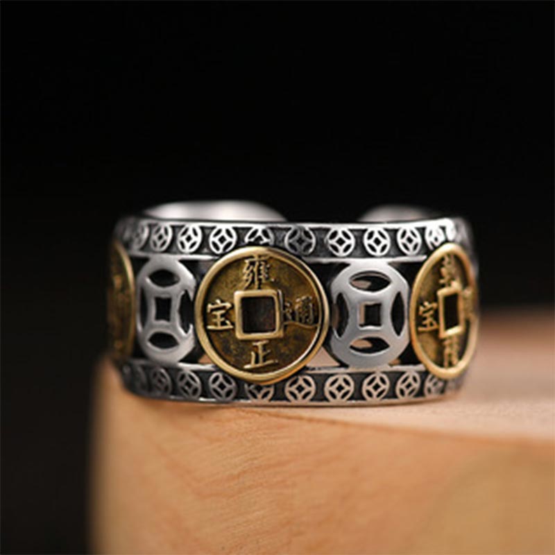 Buddha Stones Five-Emperor Coins Balance Adjustable Ring