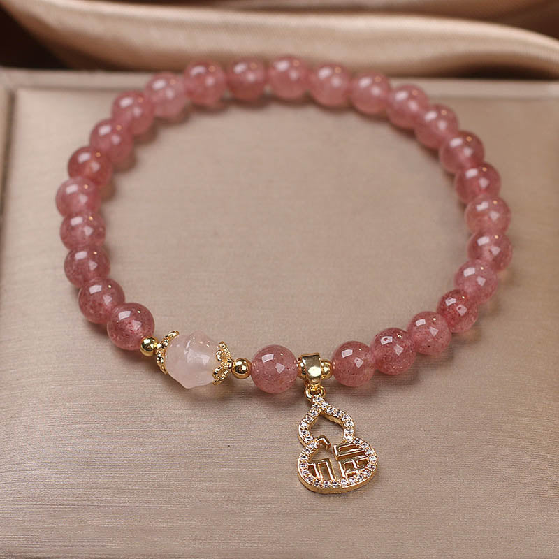 Buddha Stones Strawberry Quartz Gourd Fu Character Charm Positive Bracelet