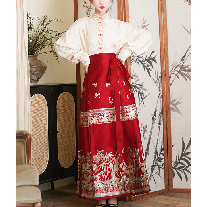 Buddha Stones Flower Bamboo Embroidery Long Sleeve Shirt Top Chinese Horse Face Skirt Mamianqun Wrapped Skirt Coat