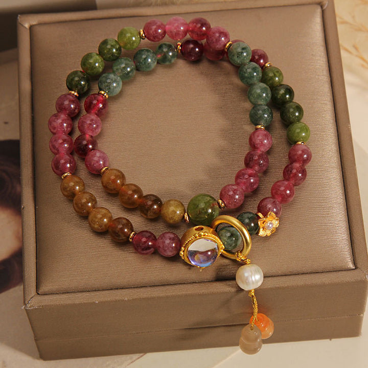 Buddha Stones Multicolored Tourmaline Positive Double Wrap Gourd Charm Bracelet