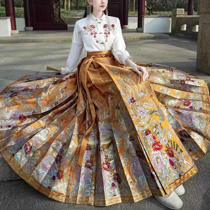 Buddha Stones Golden Flower Phoenix Embroidery Long Sleeve Shirt Top Chinese Hanfu Ming Dynasty Horse Face Skirt Mamianqun Skirt