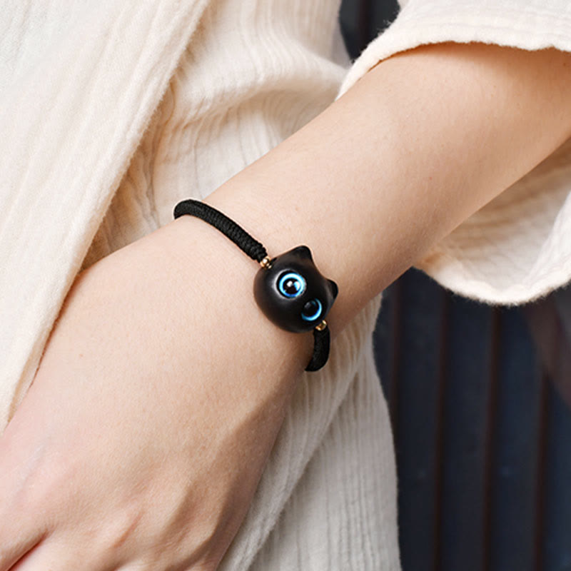 Buddha Stones Ebony Wood Cat Head Pattern Peace King Kong Knot Braided Bracelet - image 20