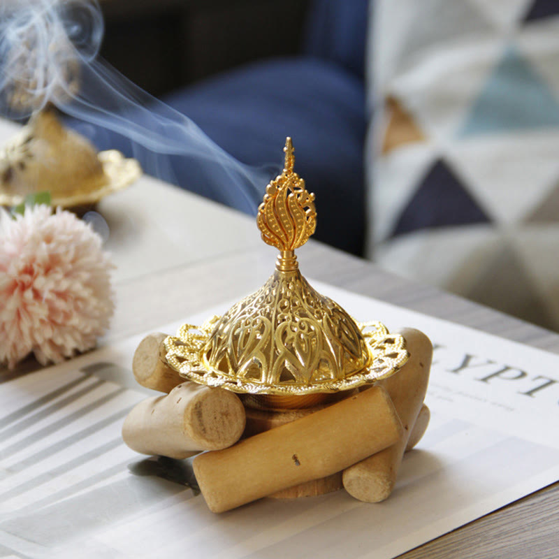 Gold Alloy Healing Mini Incense Burner With Wooden Coaster Home Decor - image 7