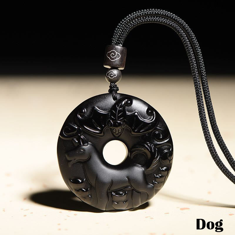 Buddha Stones Chinese Zodiac Natural Black Obsidian Peace Buckle Strength Necklace Pendant - Dog - image 22
